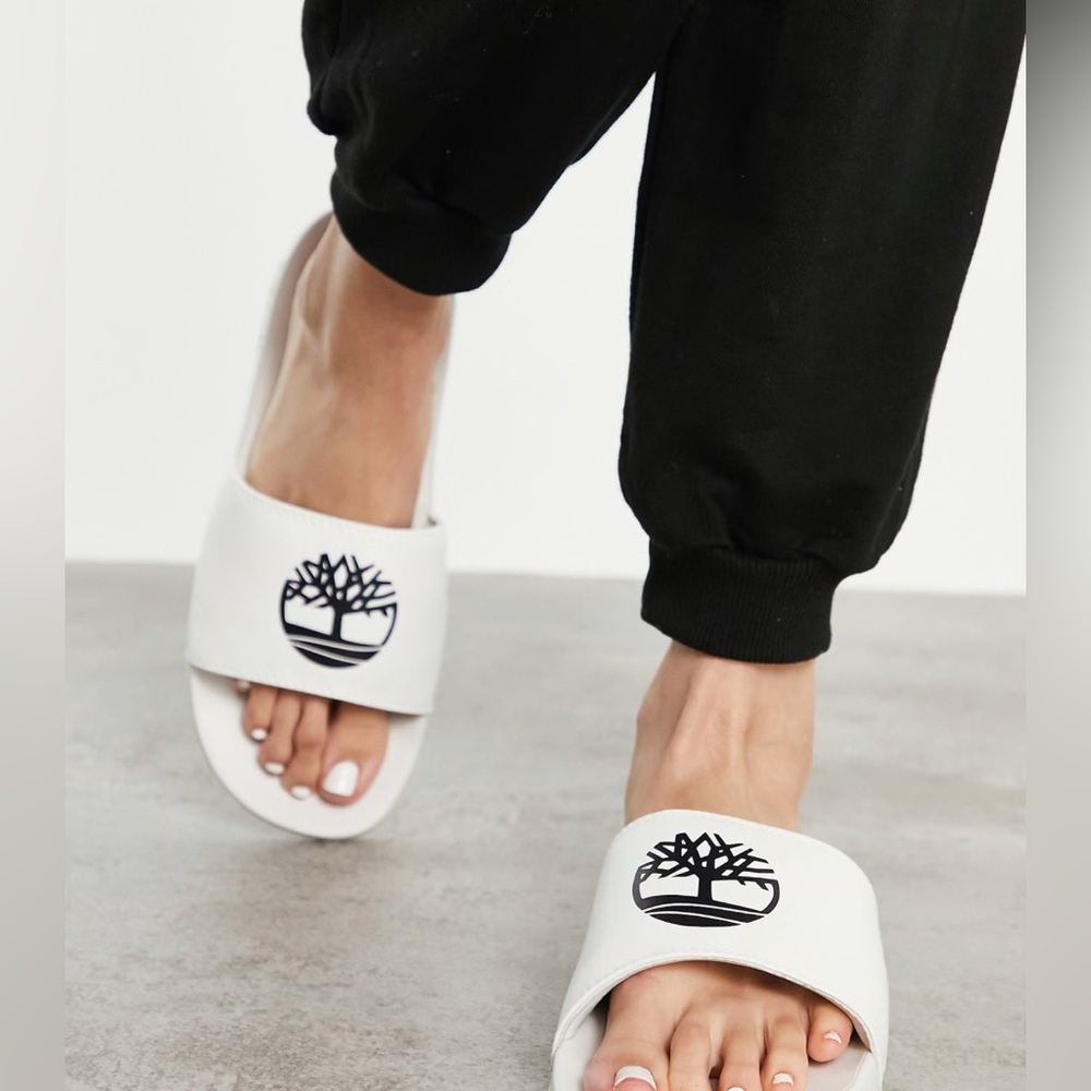NWB Timberland White Slide Sandals with Logo